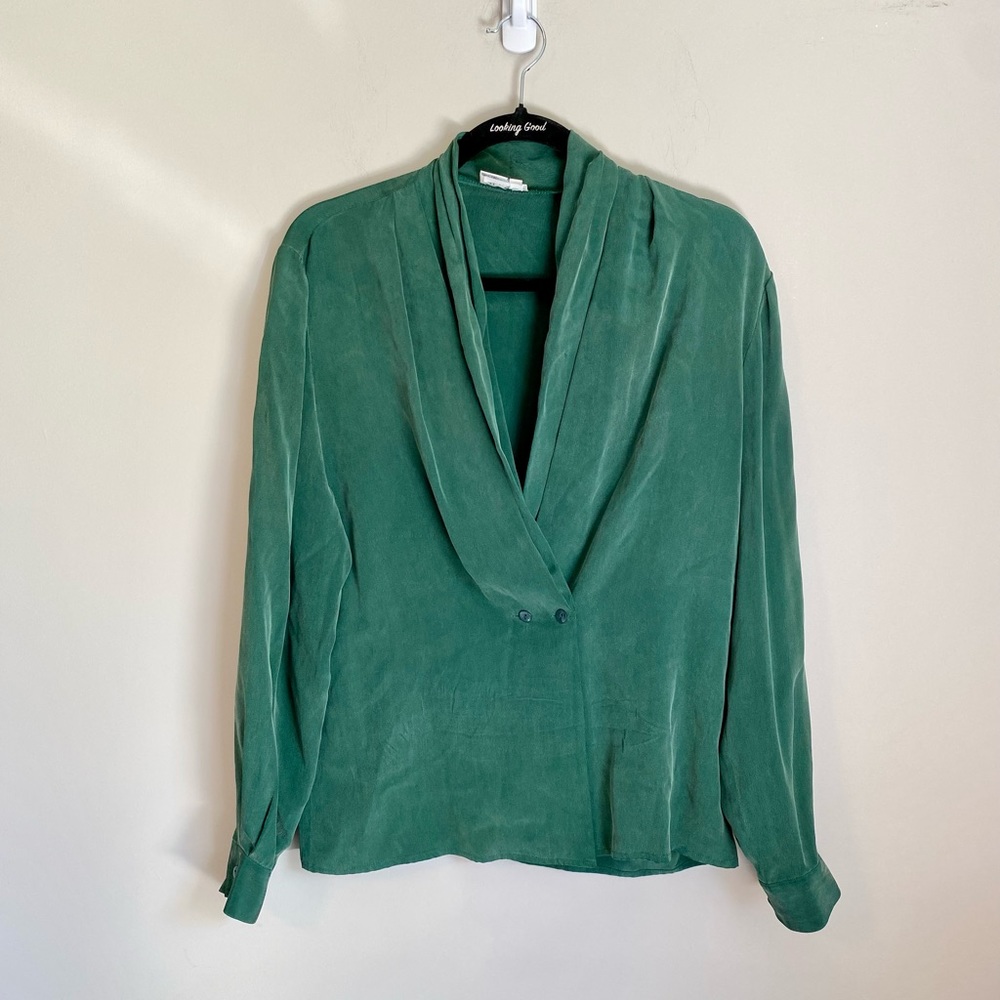 *VINTAGE* 80s Neiman Marcus Green Silk Button-Front Blouse Size 8